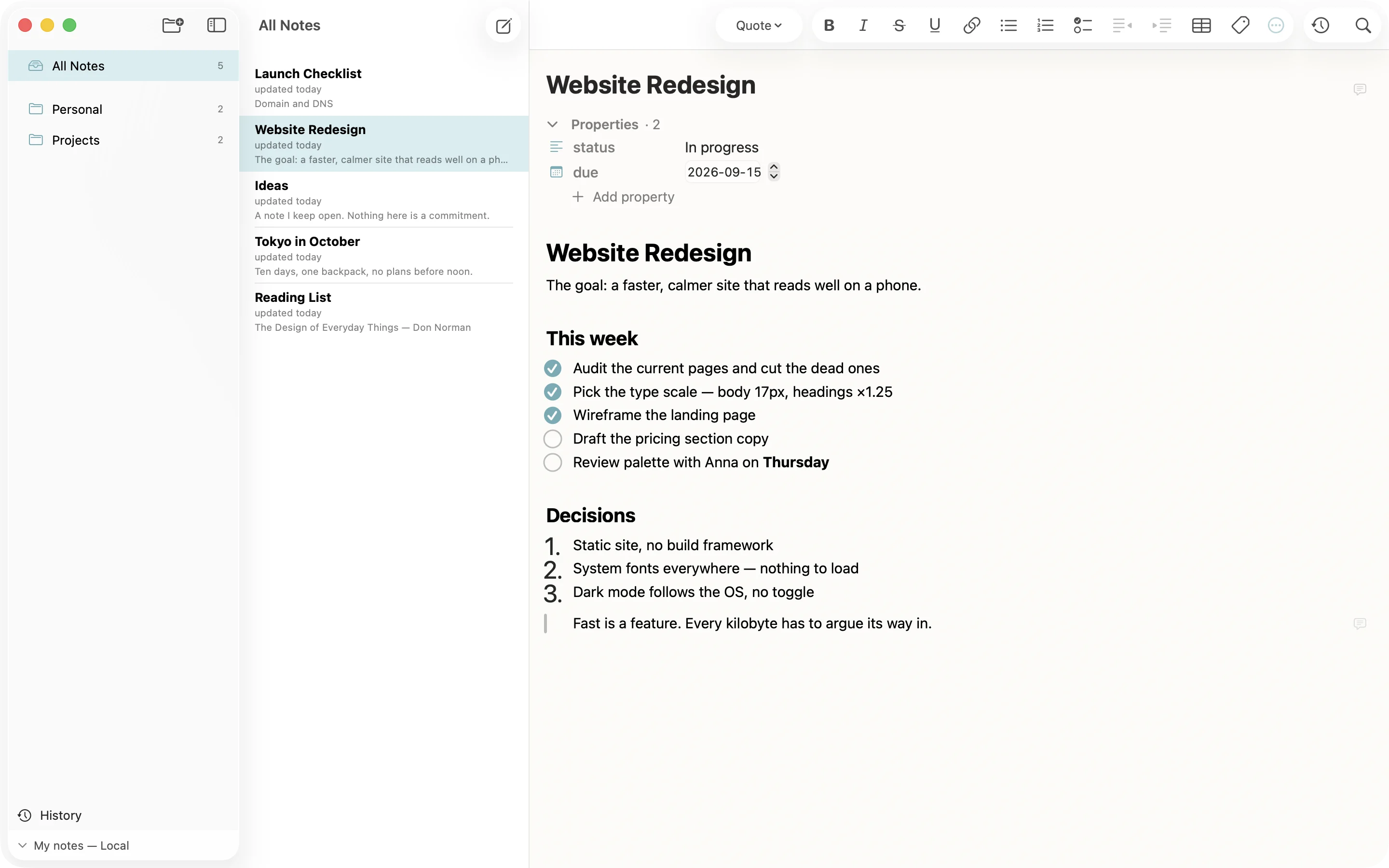 Together Notes on Mac showing folders, a notes list, and the Website Redesign note